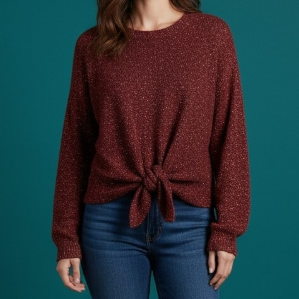 EYESHADOW Oxblood Open Knit Gold Metallic Front Tie Peekaboo Sweater